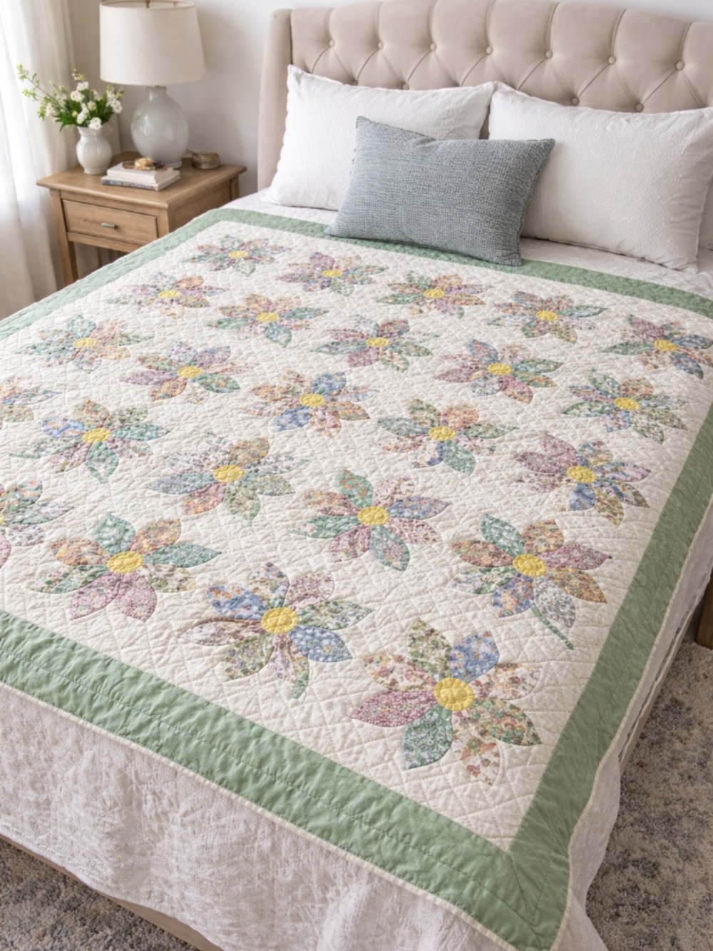 Vintage Handmade Floral Patchwork Quilt Cottagecore Appliqué Cotton Blanket